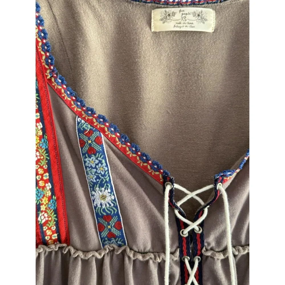 Free People Boho Babydoll Embroidered Tunic Dress Festival Hippie Tiered Folk XS